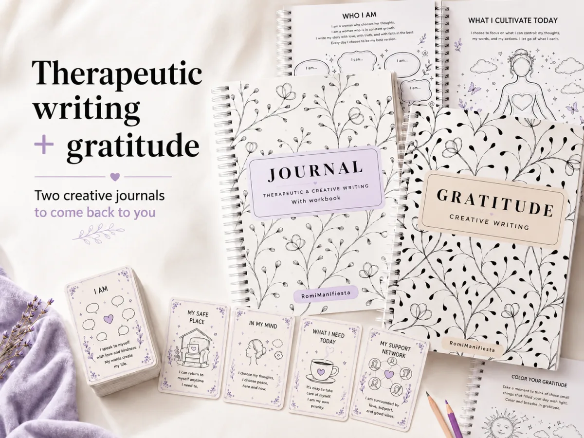 Therapeutic writing and gratitude journals with prompt cards